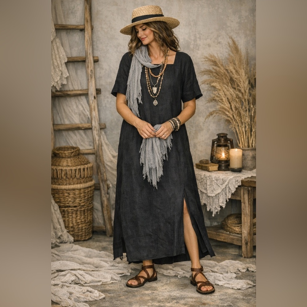 Ann Gerlin Women's Sz 12 Black Linen Maxi Dress Lined Lagenlook Slit Square Neck